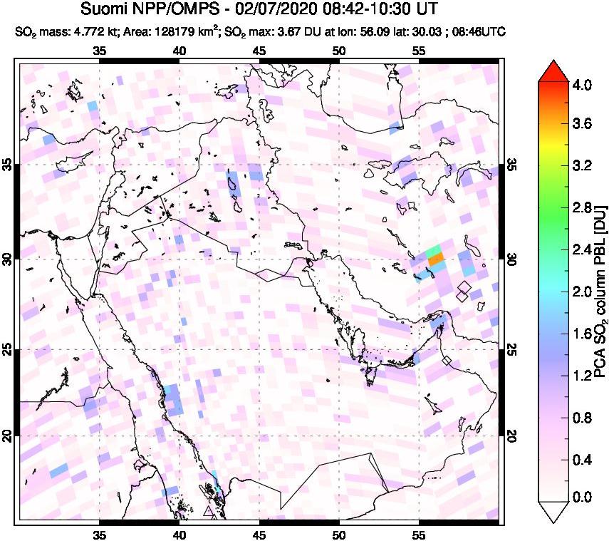 A sulfur dioxide image over Middle East on Feb 07, 2020.