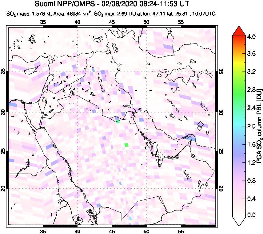 A sulfur dioxide image over Middle East on Feb 08, 2020.