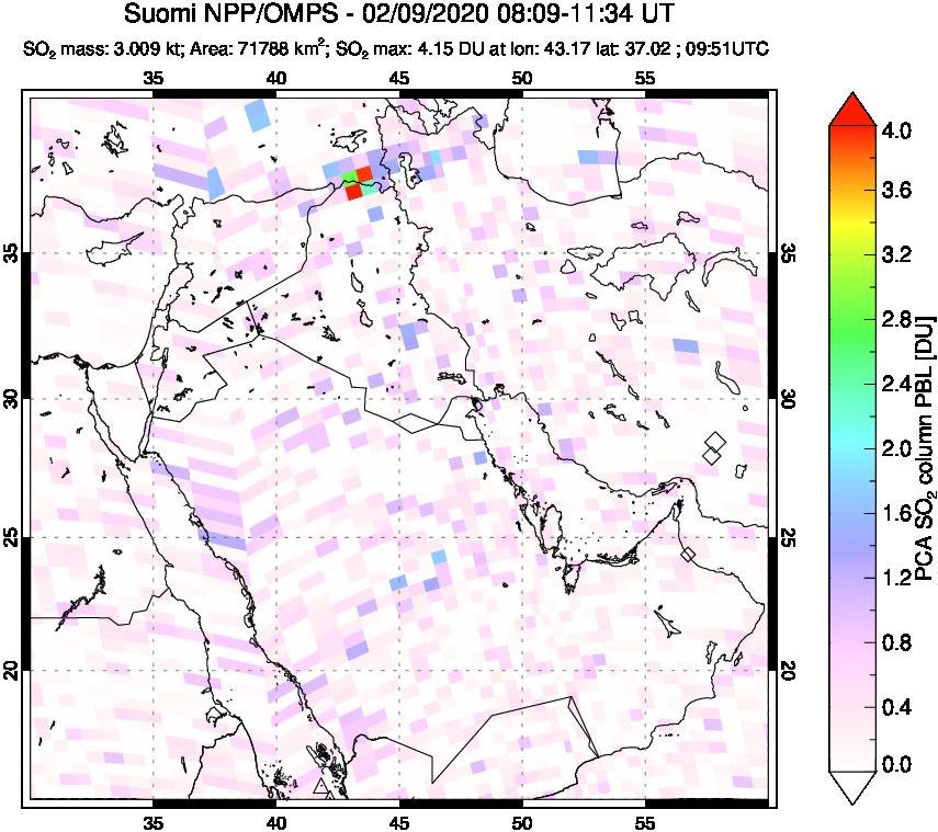 A sulfur dioxide image over Middle East on Feb 09, 2020.