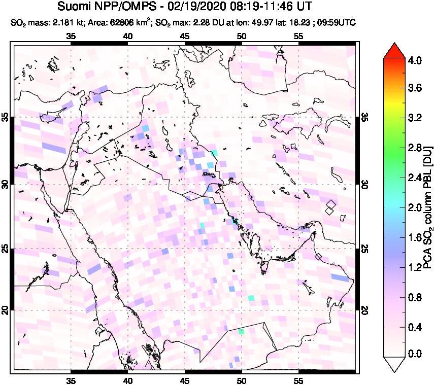 A sulfur dioxide image over Middle East on Feb 19, 2020.