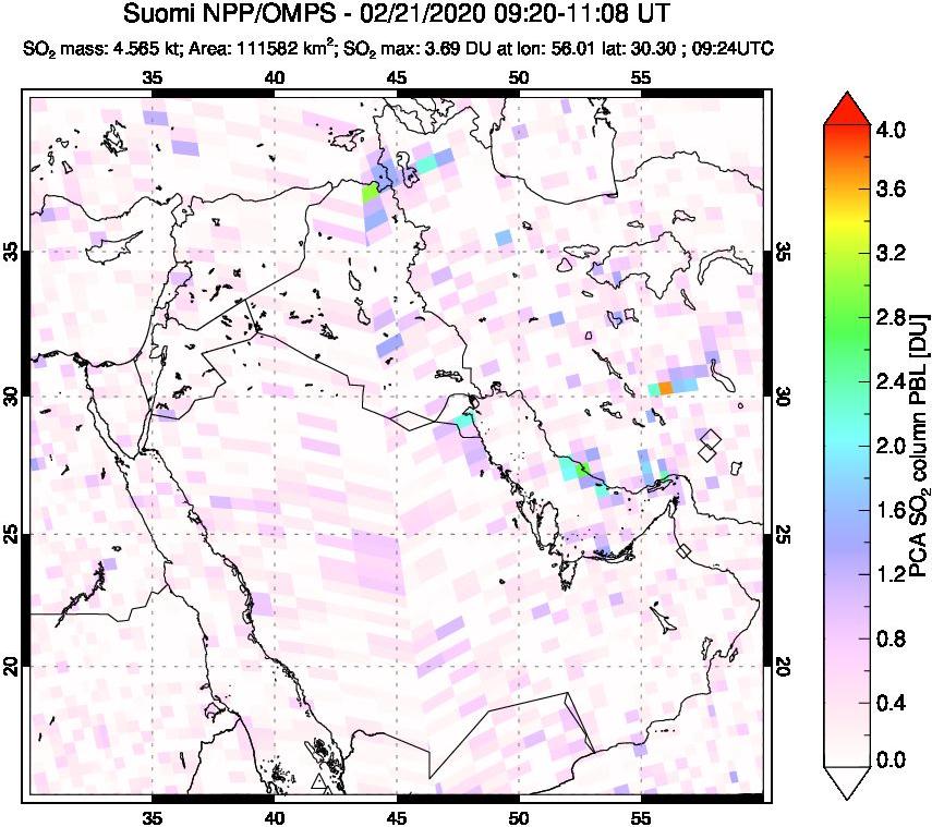 A sulfur dioxide image over Middle East on Feb 21, 2020.