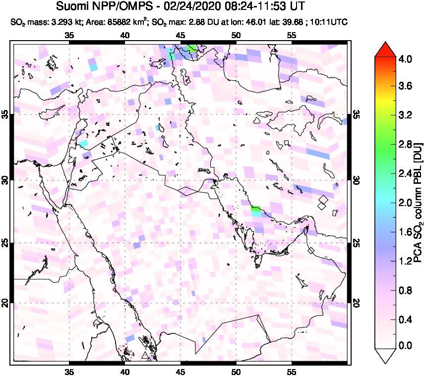 A sulfur dioxide image over Middle East on Feb 24, 2020.