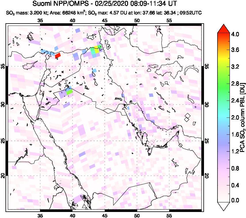 A sulfur dioxide image over Middle East on Feb 25, 2020.