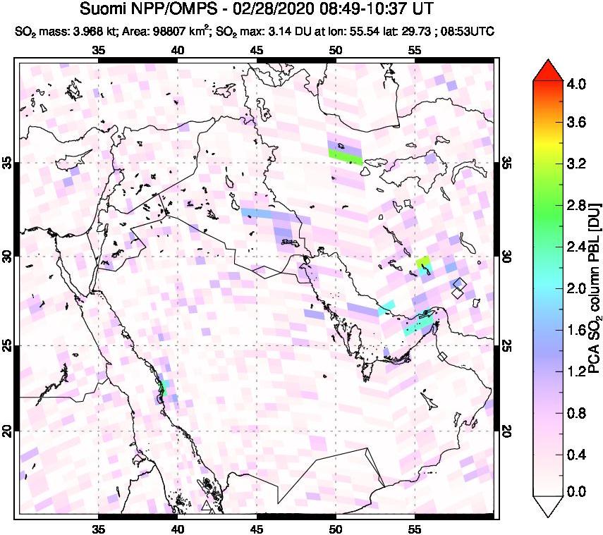 A sulfur dioxide image over Middle East on Feb 28, 2020.