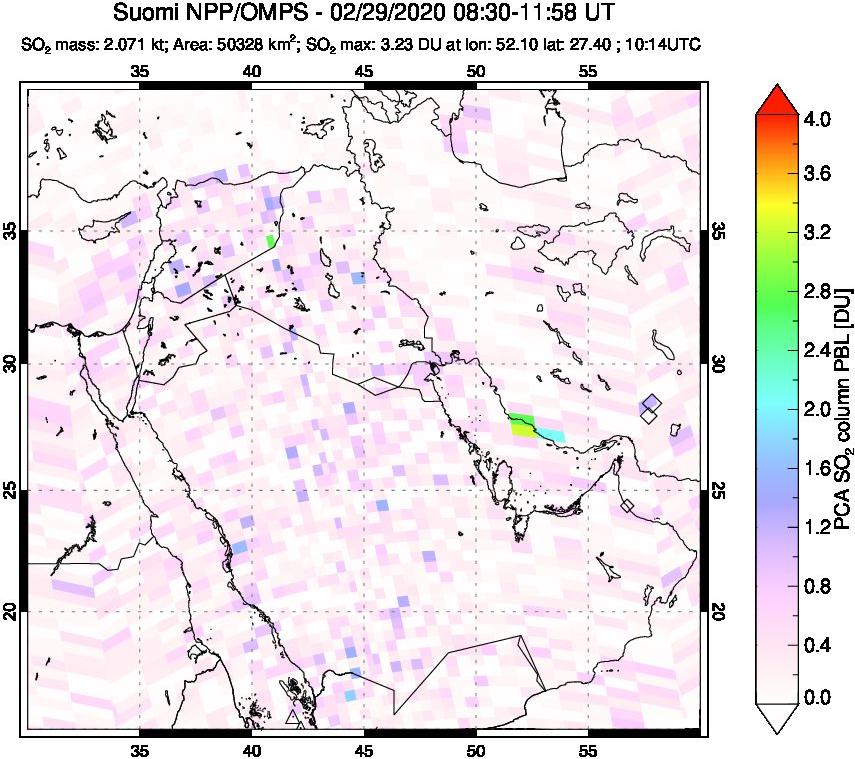 A sulfur dioxide image over Middle East on Feb 29, 2020.