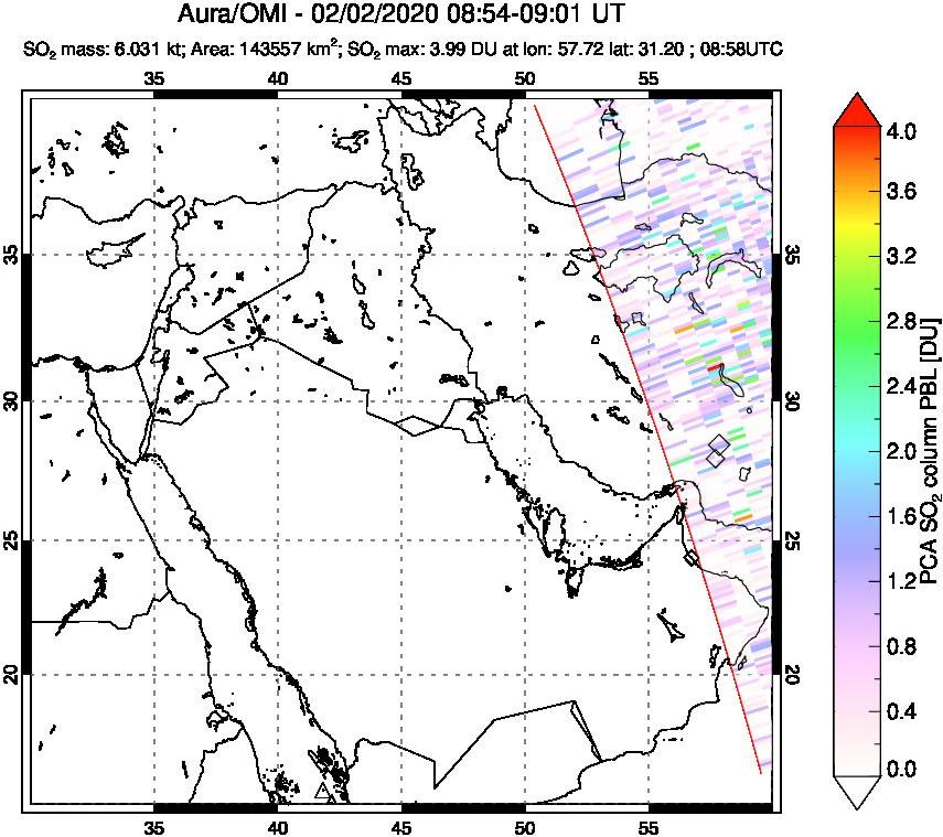 A sulfur dioxide image over Middle East on Feb 02, 2020.