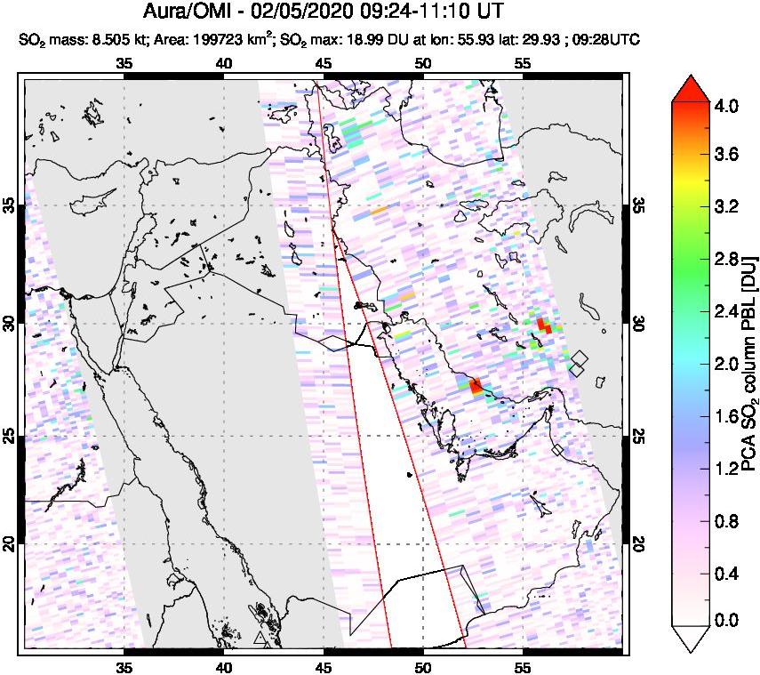 A sulfur dioxide image over Middle East on Feb 05, 2020.