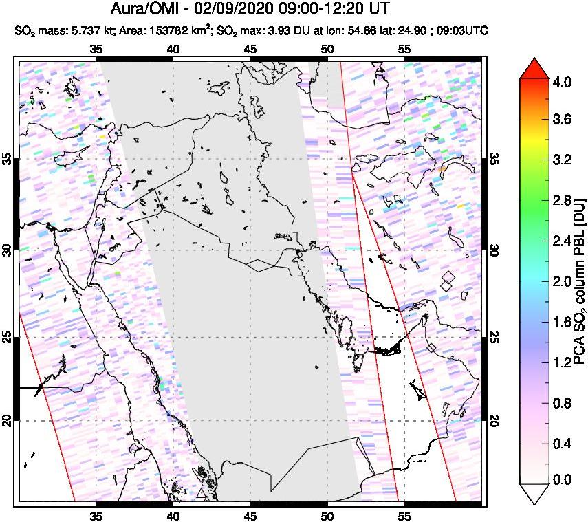 A sulfur dioxide image over Middle East on Feb 09, 2020.