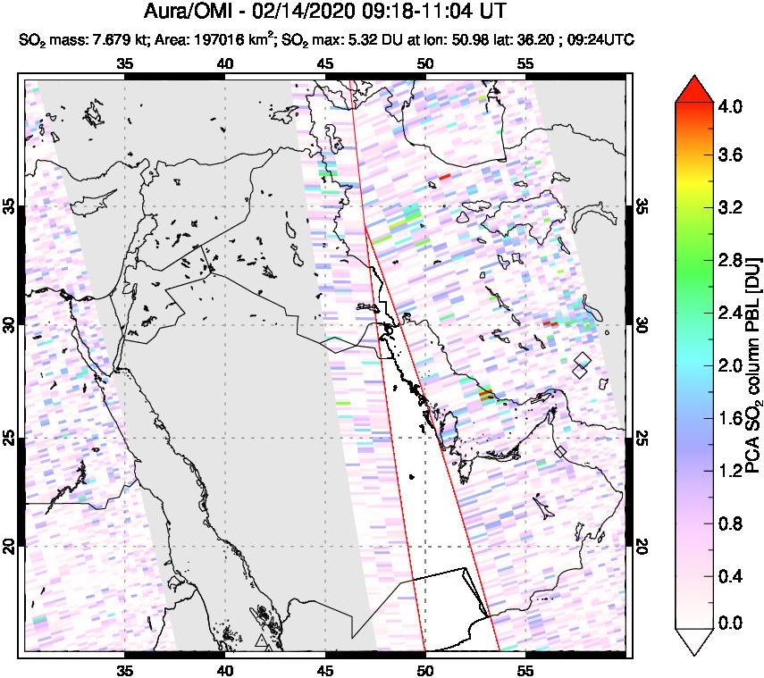 A sulfur dioxide image over Middle East on Feb 14, 2020.