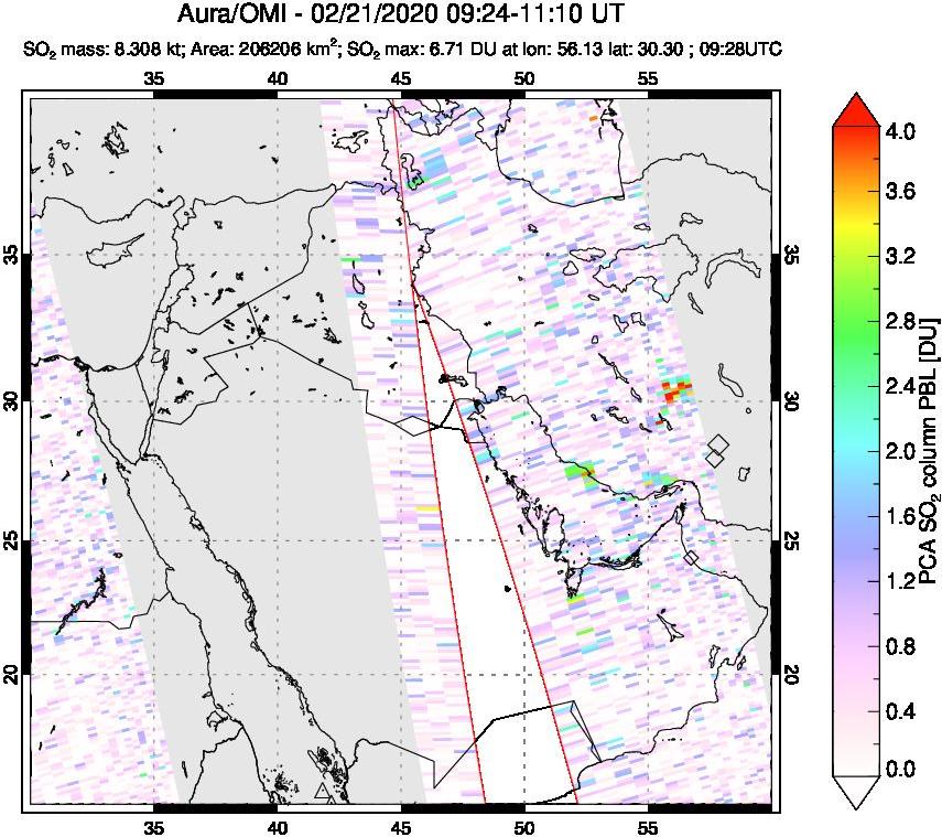 A sulfur dioxide image over Middle East on Feb 21, 2020.
