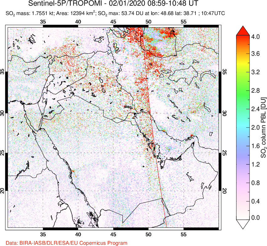 A sulfur dioxide image over Middle East on Feb 01, 2020.
