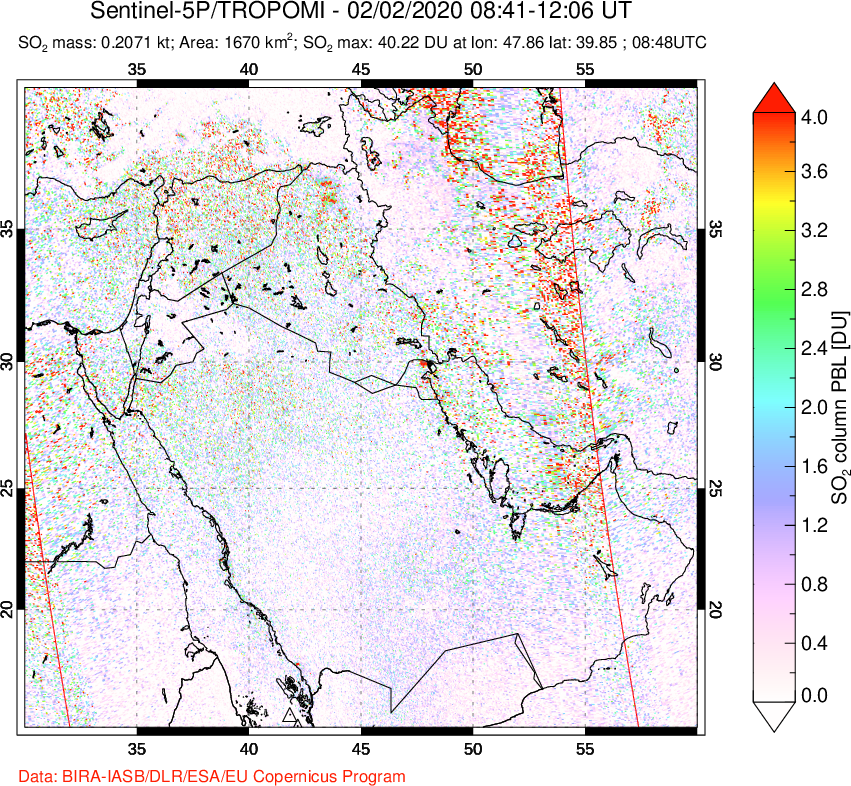 A sulfur dioxide image over Middle East on Feb 02, 2020.