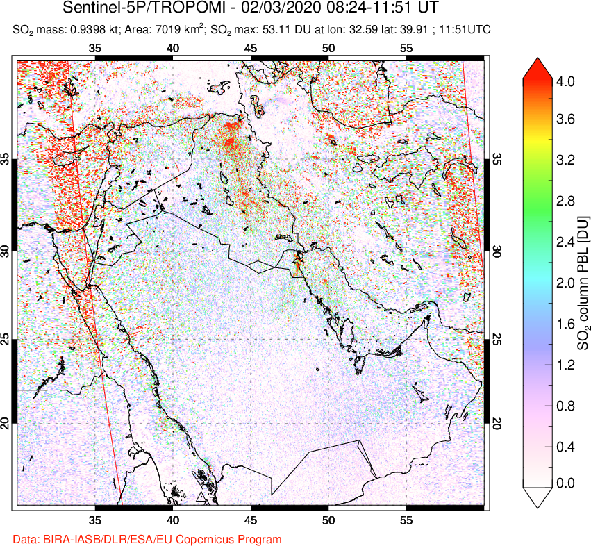 A sulfur dioxide image over Middle East on Feb 03, 2020.