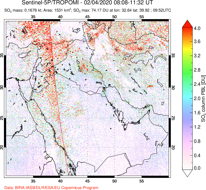 A sulfur dioxide image over Middle East on Feb 04, 2020.