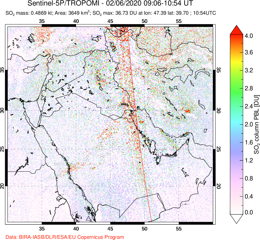 A sulfur dioxide image over Middle East on Feb 06, 2020.