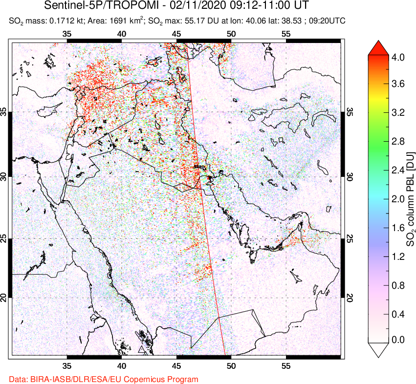 A sulfur dioxide image over Middle East on Feb 11, 2020.