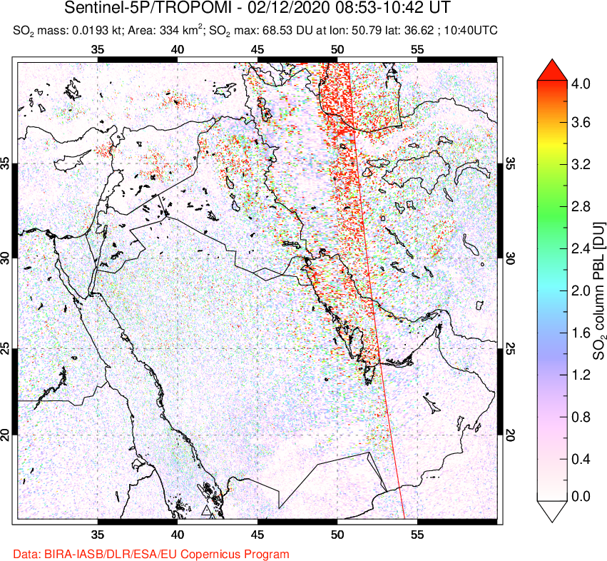 A sulfur dioxide image over Middle East on Feb 12, 2020.