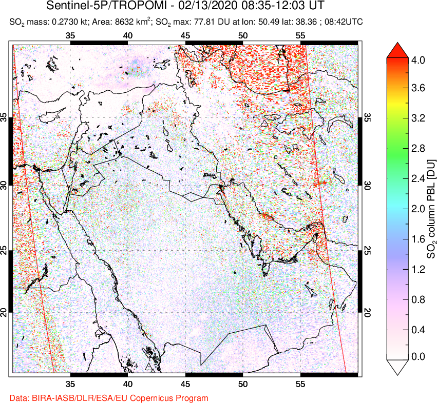 A sulfur dioxide image over Middle East on Feb 13, 2020.