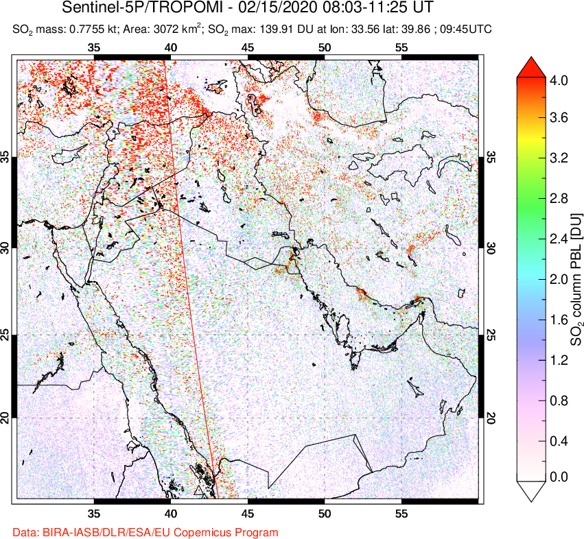 A sulfur dioxide image over Middle East on Feb 15, 2020.