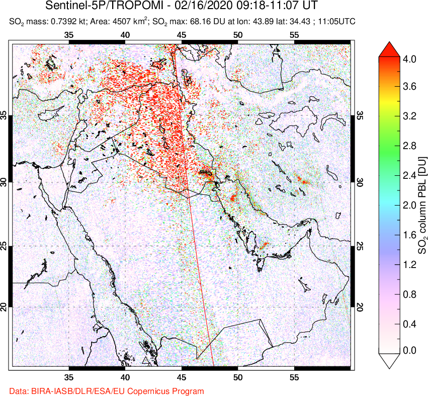 A sulfur dioxide image over Middle East on Feb 16, 2020.