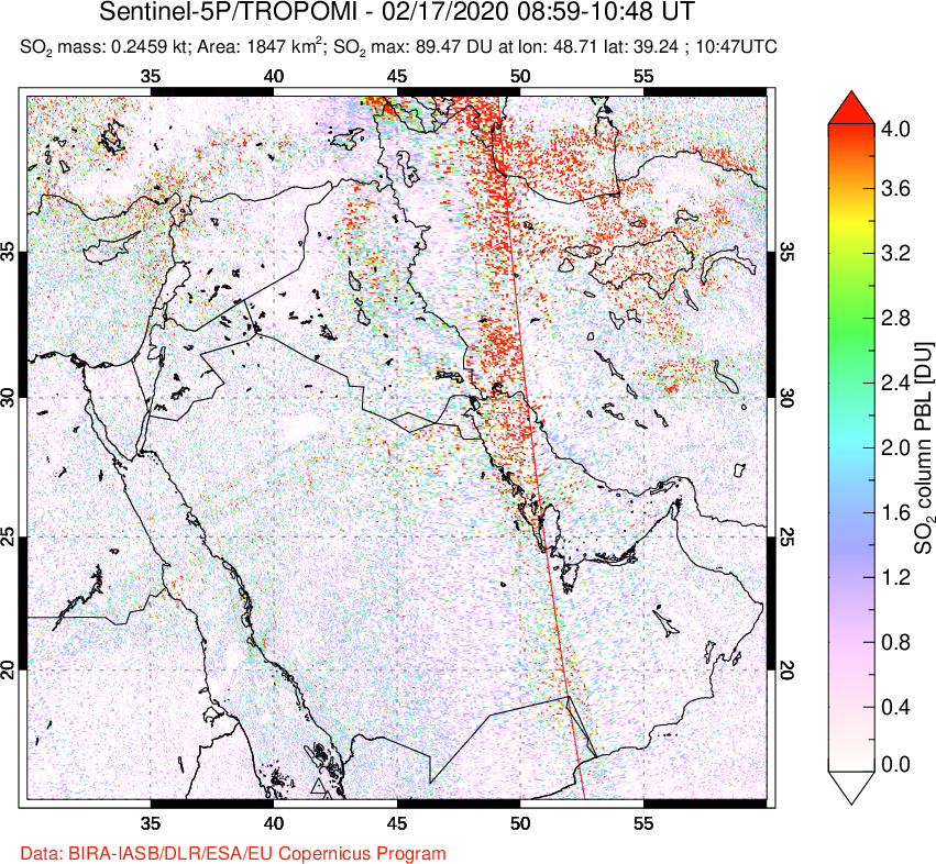 A sulfur dioxide image over Middle East on Feb 17, 2020.