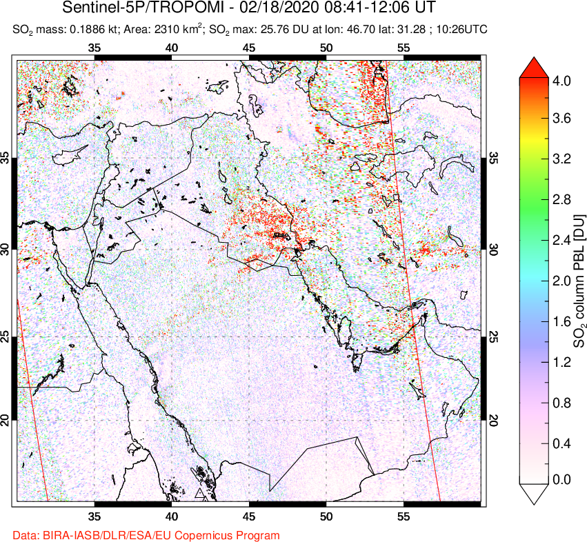 A sulfur dioxide image over Middle East on Feb 18, 2020.