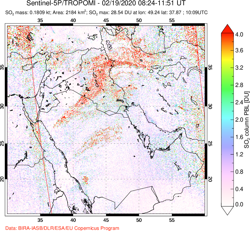 A sulfur dioxide image over Middle East on Feb 19, 2020.