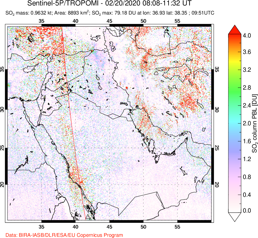 A sulfur dioxide image over Middle East on Feb 20, 2020.