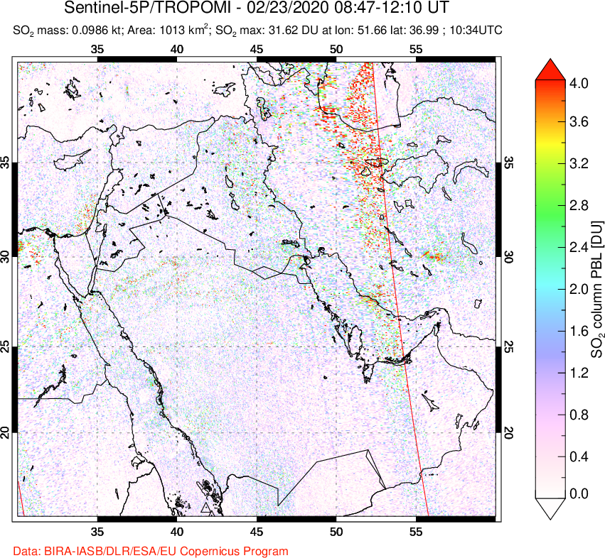 A sulfur dioxide image over Middle East on Feb 23, 2020.