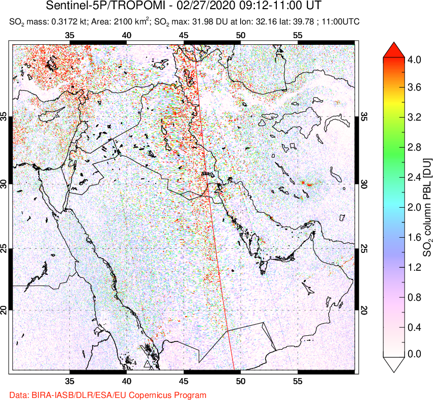 A sulfur dioxide image over Middle East on Feb 27, 2020.