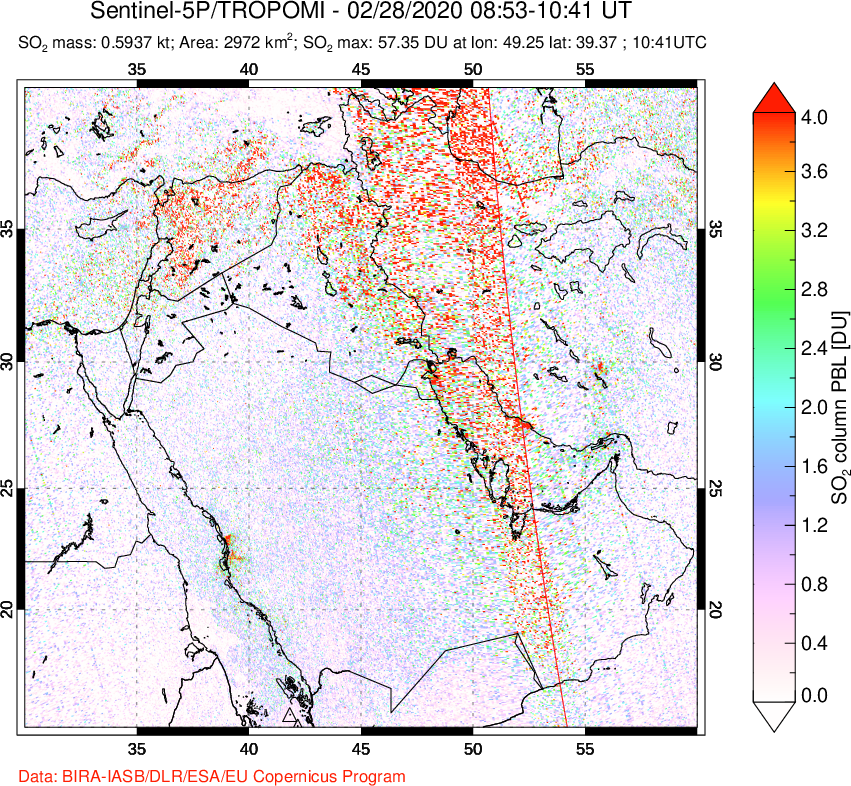 A sulfur dioxide image over Middle East on Feb 28, 2020.