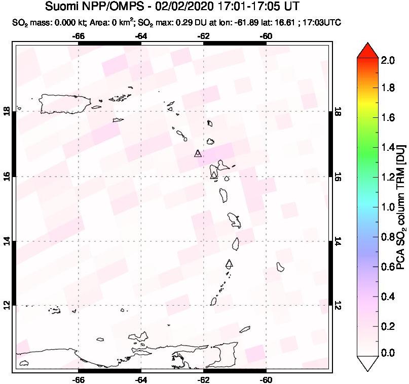 A sulfur dioxide image over Montserrat, West Indies on Feb 02, 2020.