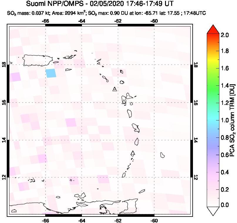 A sulfur dioxide image over Montserrat, West Indies on Feb 05, 2020.