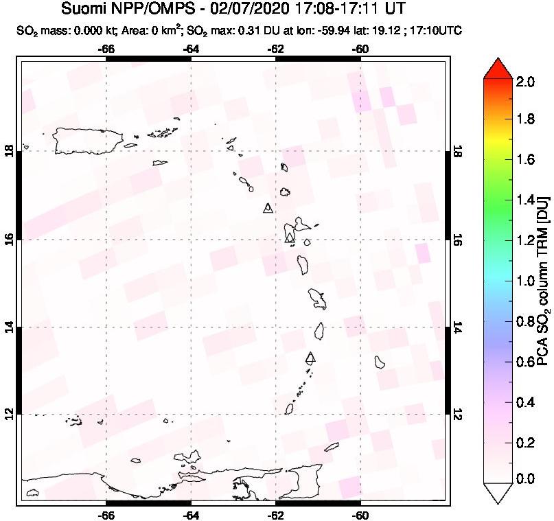 A sulfur dioxide image over Montserrat, West Indies on Feb 07, 2020.