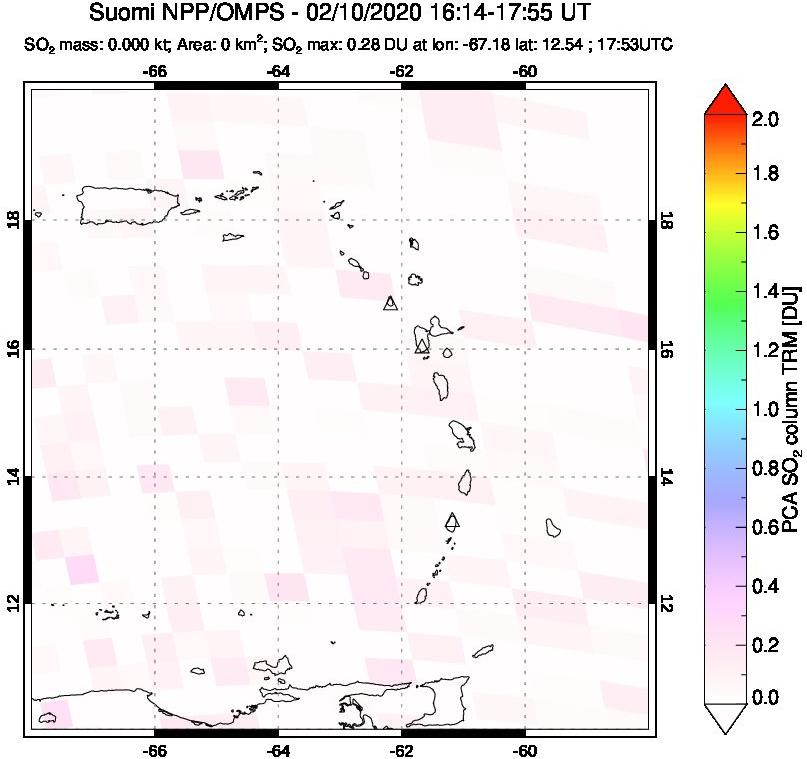 A sulfur dioxide image over Montserrat, West Indies on Feb 10, 2020.