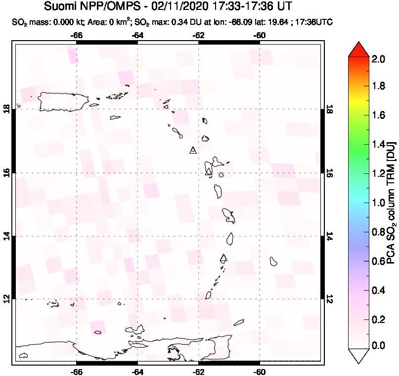 A sulfur dioxide image over Montserrat, West Indies on Feb 11, 2020.