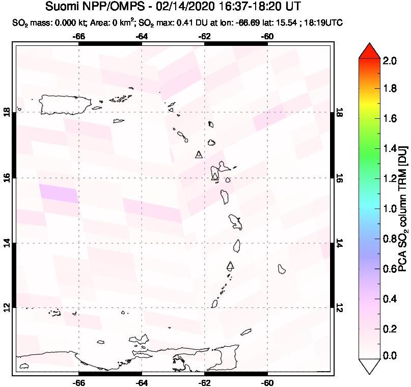A sulfur dioxide image over Montserrat, West Indies on Feb 14, 2020.