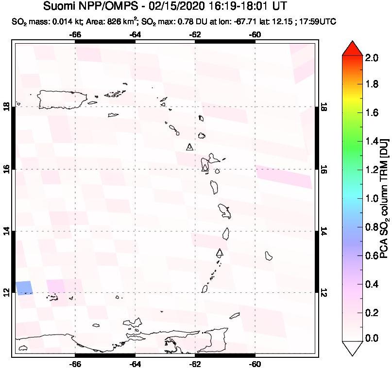 A sulfur dioxide image over Montserrat, West Indies on Feb 15, 2020.