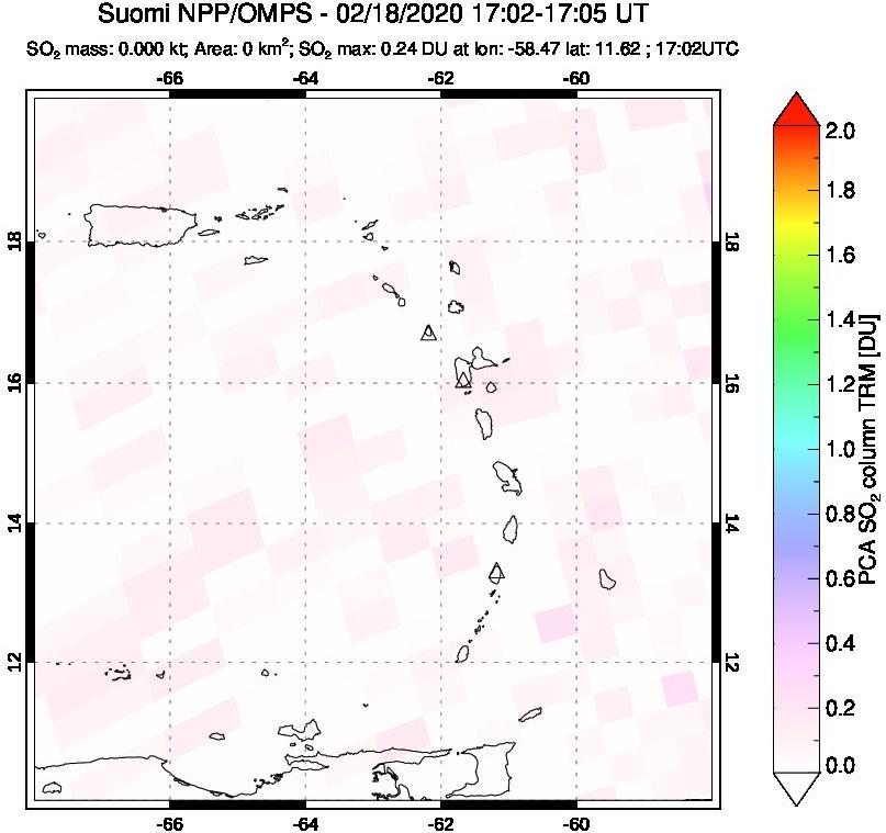 A sulfur dioxide image over Montserrat, West Indies on Feb 18, 2020.