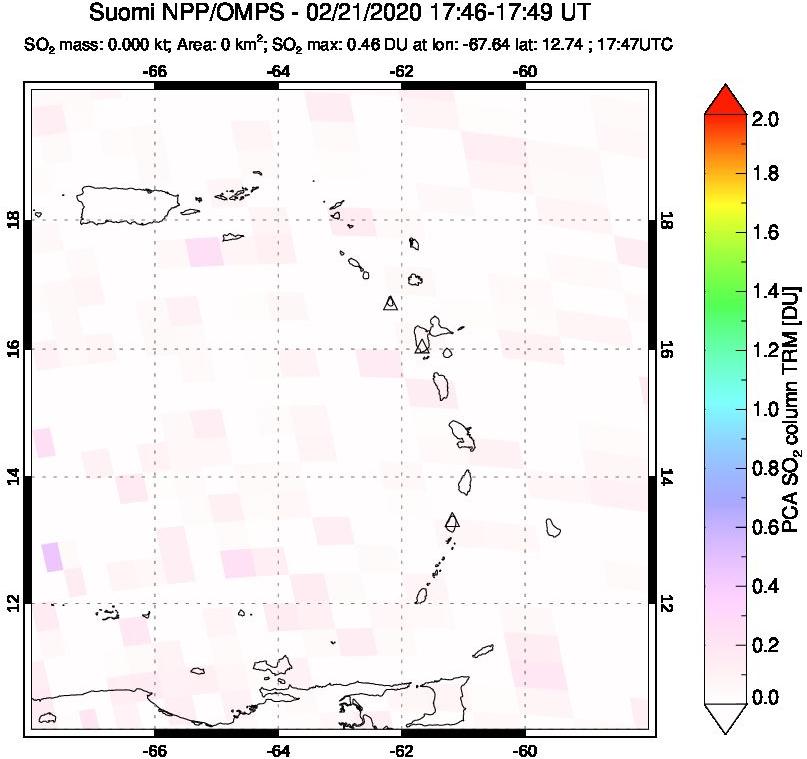 A sulfur dioxide image over Montserrat, West Indies on Feb 21, 2020.