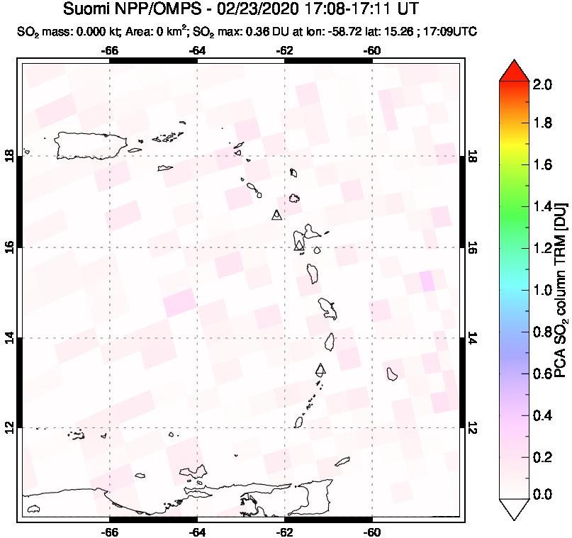A sulfur dioxide image over Montserrat, West Indies on Feb 23, 2020.