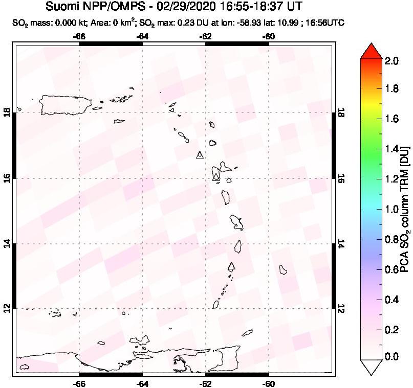 A sulfur dioxide image over Montserrat, West Indies on Feb 29, 2020.