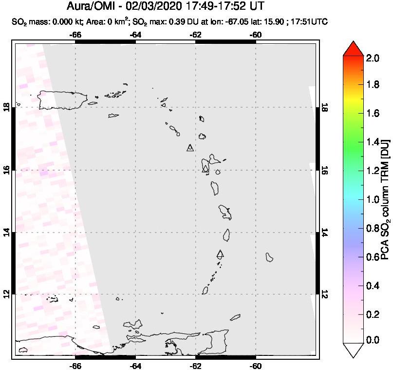 A sulfur dioxide image over Montserrat, West Indies on Feb 03, 2020.