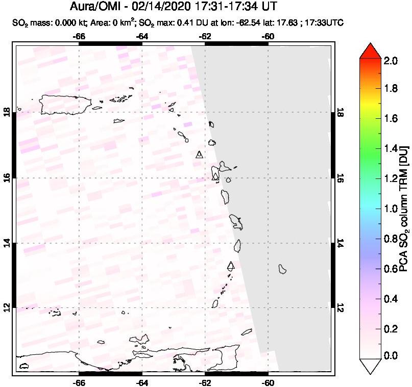 A sulfur dioxide image over Montserrat, West Indies on Feb 14, 2020.