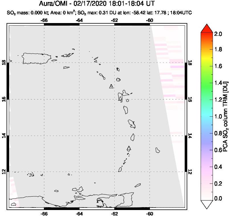 A sulfur dioxide image over Montserrat, West Indies on Feb 17, 2020.