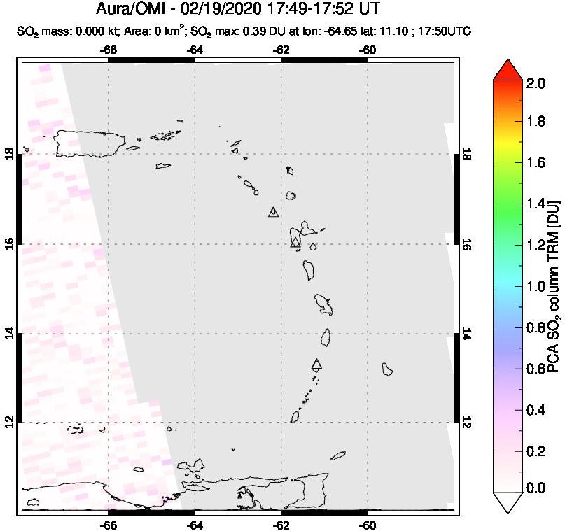 A sulfur dioxide image over Montserrat, West Indies on Feb 19, 2020.