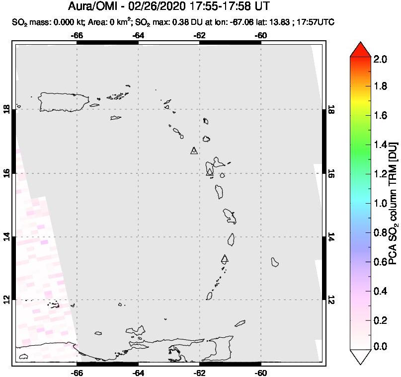 A sulfur dioxide image over Montserrat, West Indies on Feb 26, 2020.