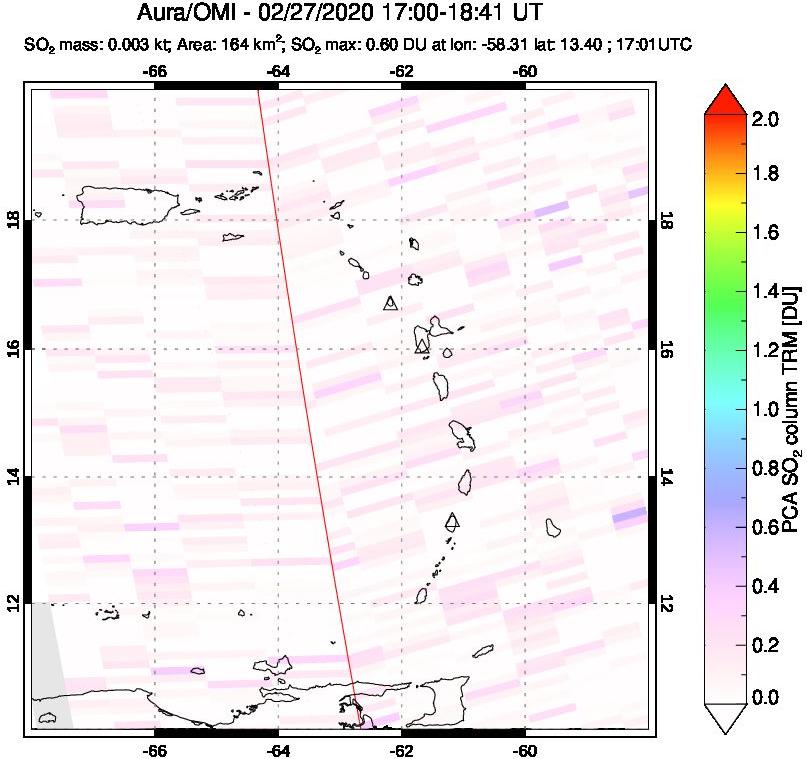 A sulfur dioxide image over Montserrat, West Indies on Feb 27, 2020.