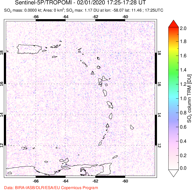 A sulfur dioxide image over Montserrat, West Indies on Feb 01, 2020.