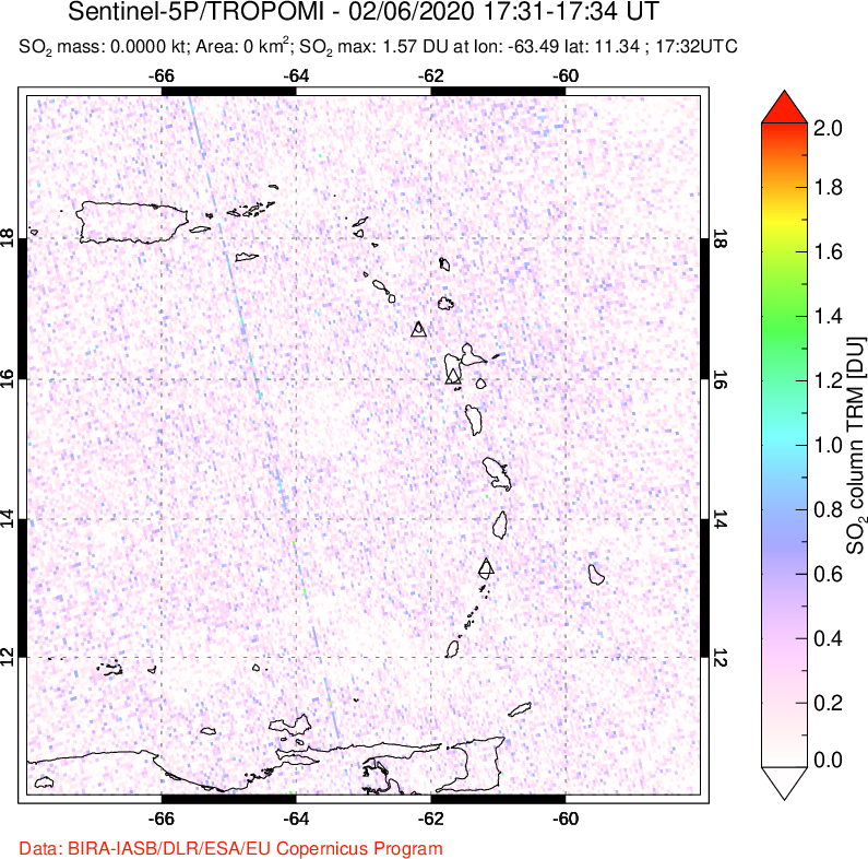 A sulfur dioxide image over Montserrat, West Indies on Feb 06, 2020.